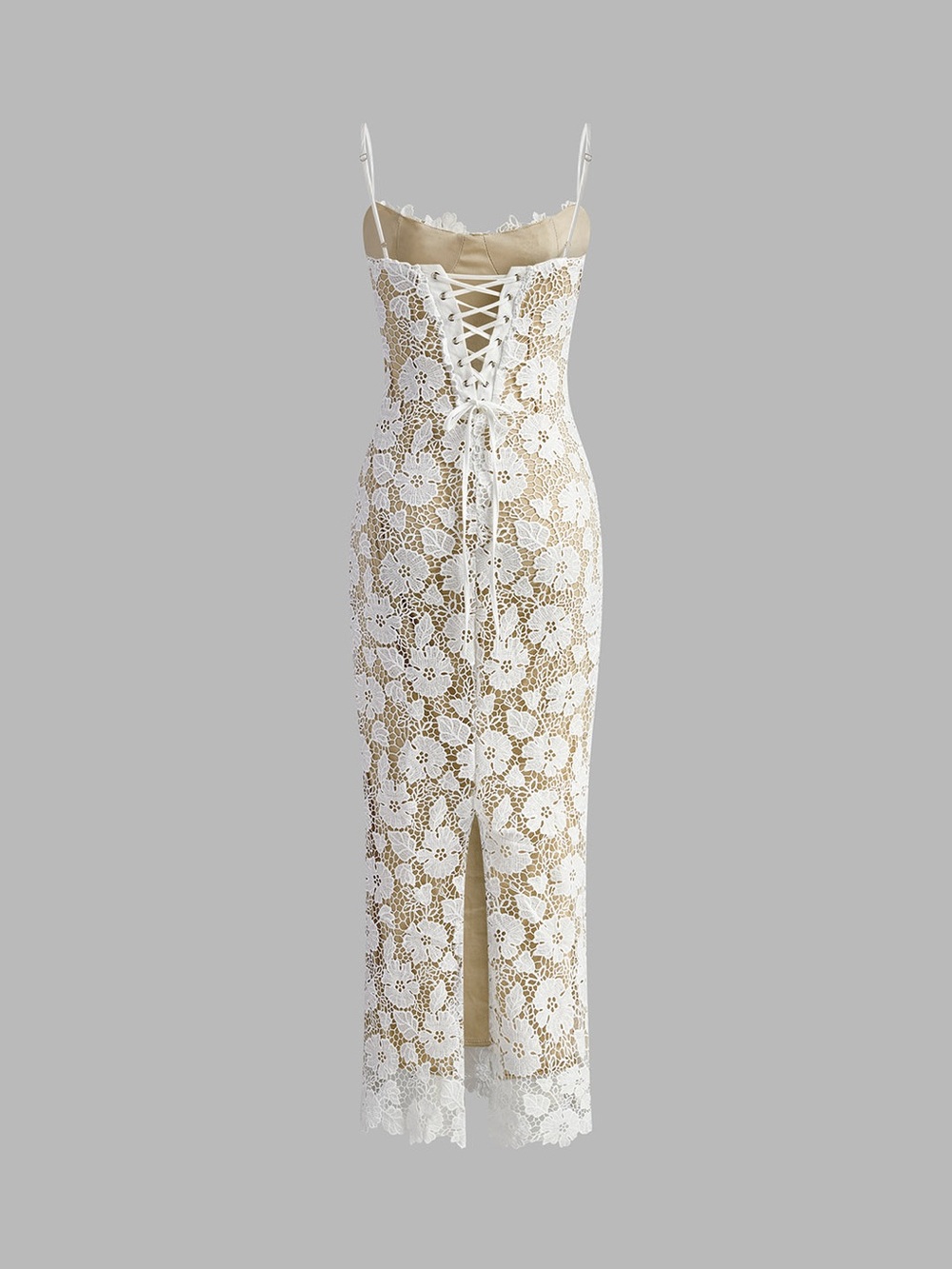 Commense White Floral Lace Midi Slip Dress with Beige Liner - Picture 2 of 6